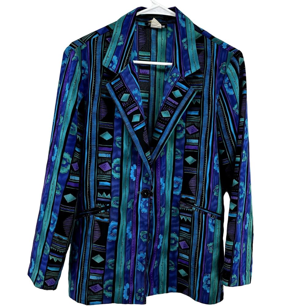 VTG Alli Petites California Blazer Jacket Abstract One Button Blue Purple XS